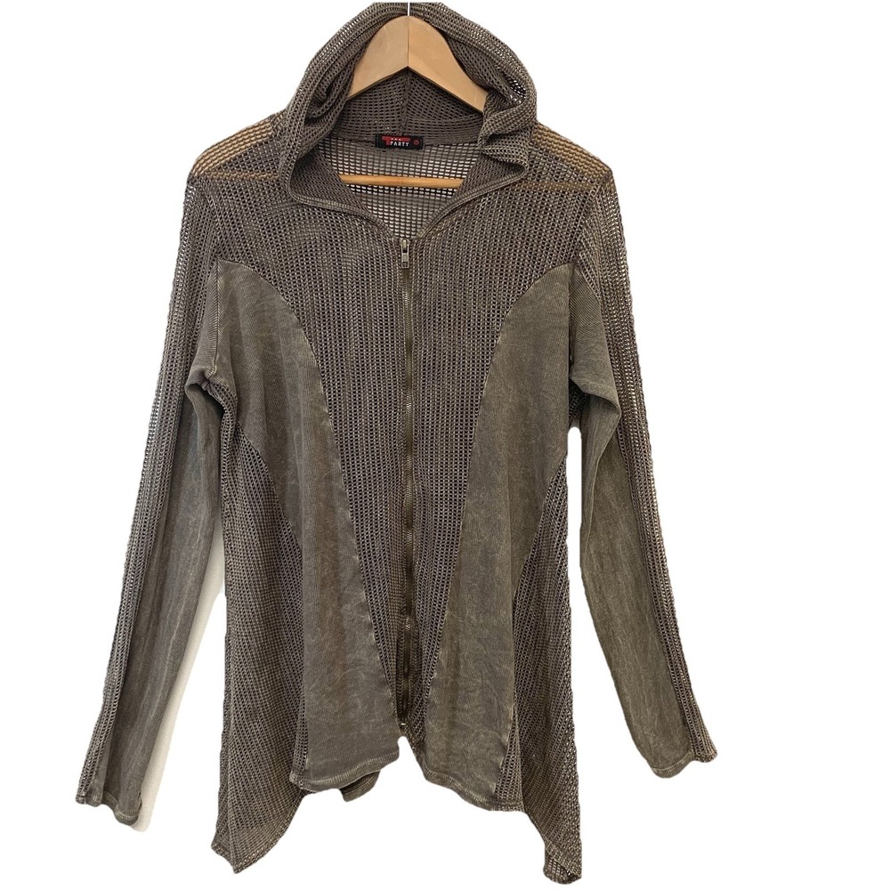 T Party Open Knit Full Zip Cardigan Mix Textures Hood Brown M Oversize USA  READ